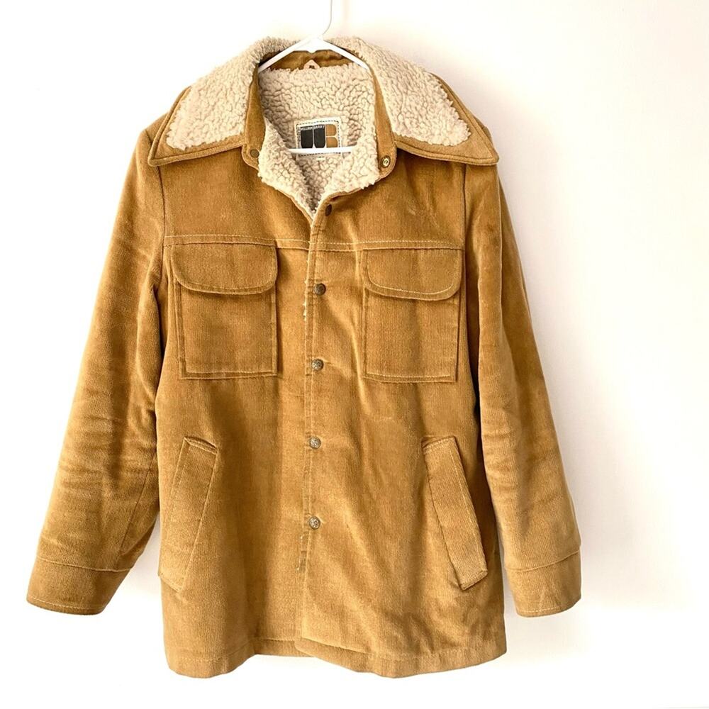 Vintage Men William Barry Hipster Brown Tan Camel Corduroy Sherpa Coat 38 Medium